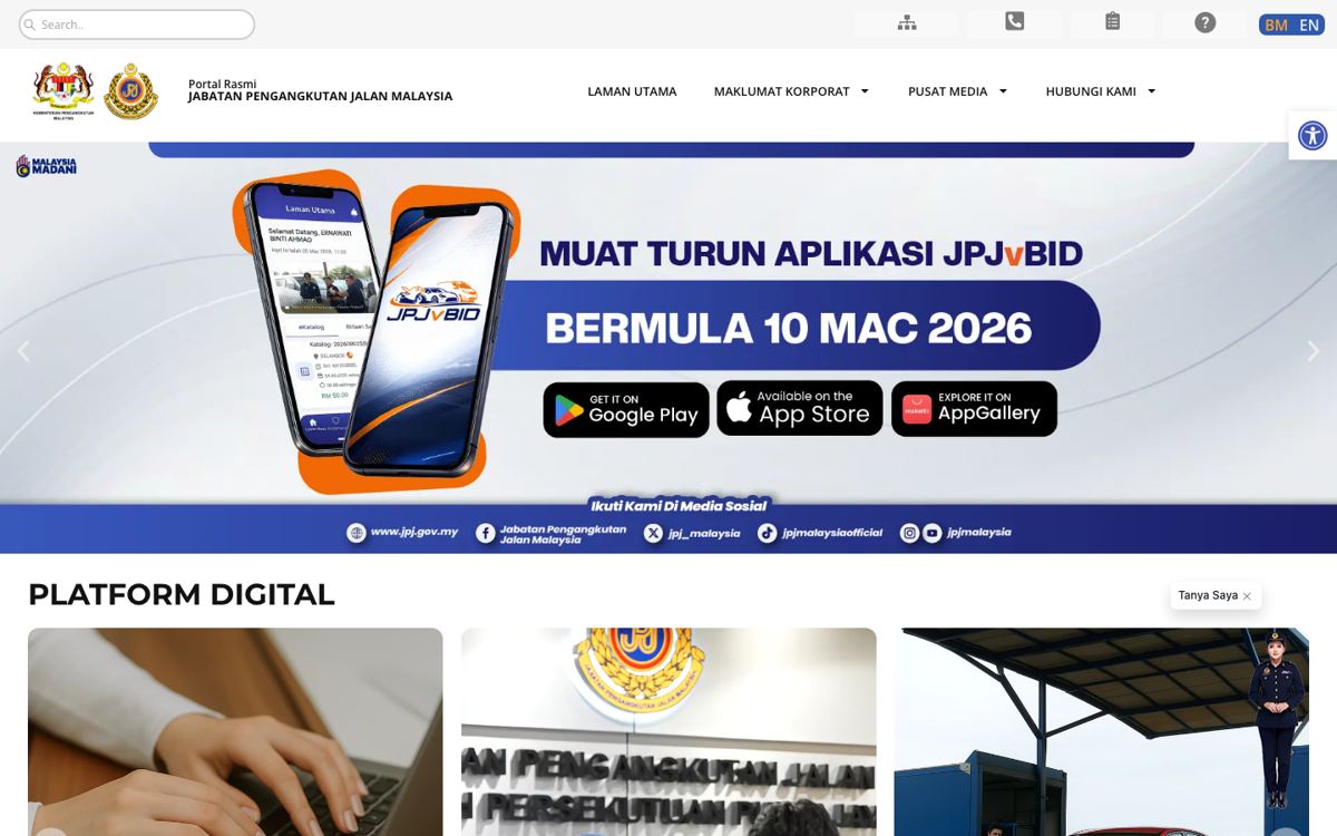 Homepage JPJ semasa di desktop dengan slider banner promosi