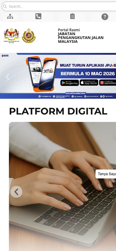 Homepage JPJ semasa di telefon
