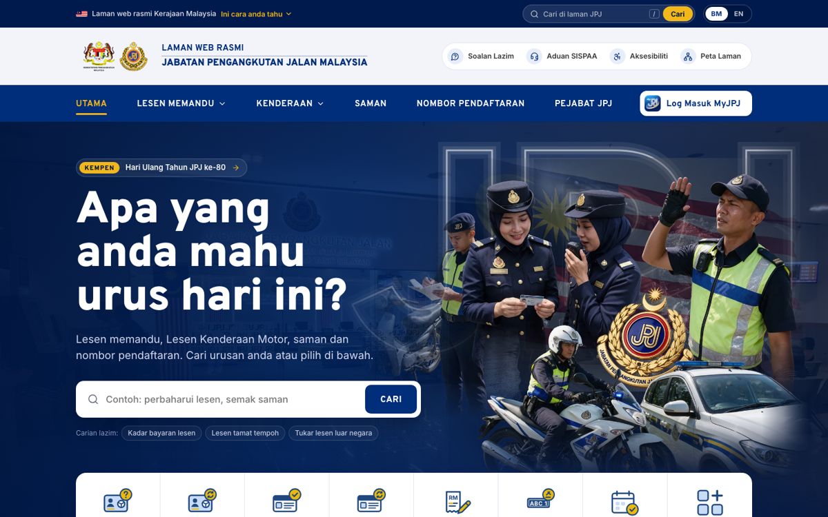Konsep C: homepage JPJ berlatar biru tua dengan gambar pegawai dan carian