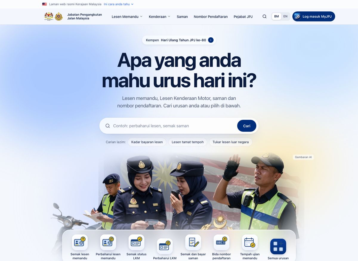 Konsep D: homepage JPJ cerah dengan tajuk besar di tengah dan dock urusan berkaca