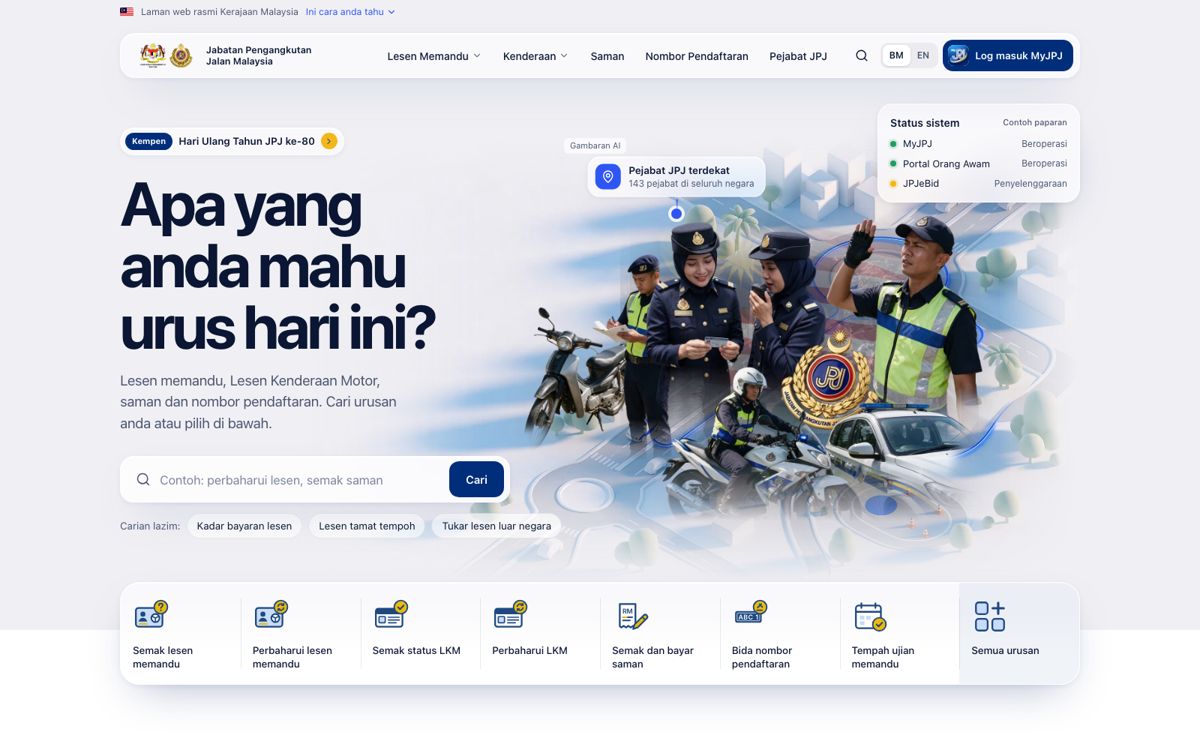 Konsep E: homepage JPJ cerah dengan ilustrasi peta jalan isometrik, pegawai JPJ, kad kaca terapung dan bar lapan urusan