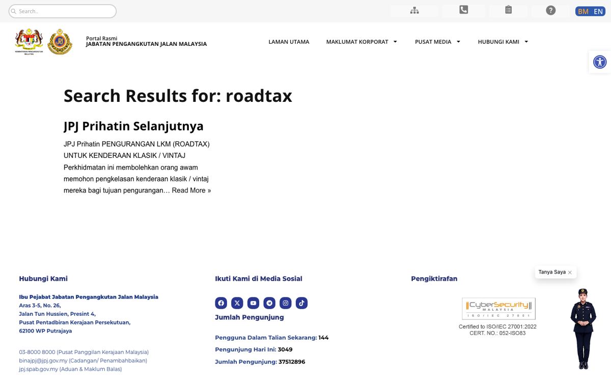 Hasil carian roadtax di portal JPJ semasa